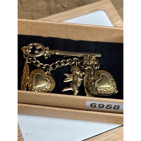 Vintage Gold Charm Brooch With Key Hearts Angel & Leaf Details - Picture 3 of 7